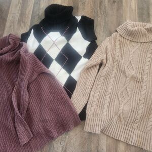 Torrid Black and White Argyle, Purple, and Tan Cable Knit Sweater Trio